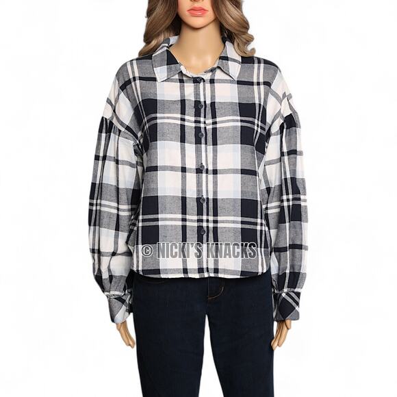 Sanctuary Nordic Plaid Cropped Button Down Long Sleeve Cotton Shirt Size S - Picture 2 of 10